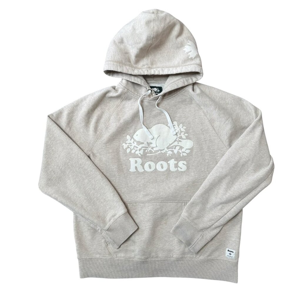 Roots Canada Hoodie Mens Large Beaver Logo Cream Hooded Sweatshirt